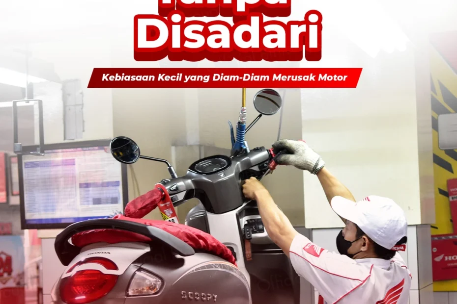 Ilustrasi kebiasaan menahan rem saat gas terbuka yang menyebabkan kerusakan transmisi pada motor Honda.