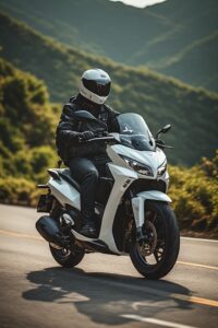 Pengendara motor matic Honda PCX 160 sedang melewati jalanan menurun yang aman dengan postur berkendara yang benar.