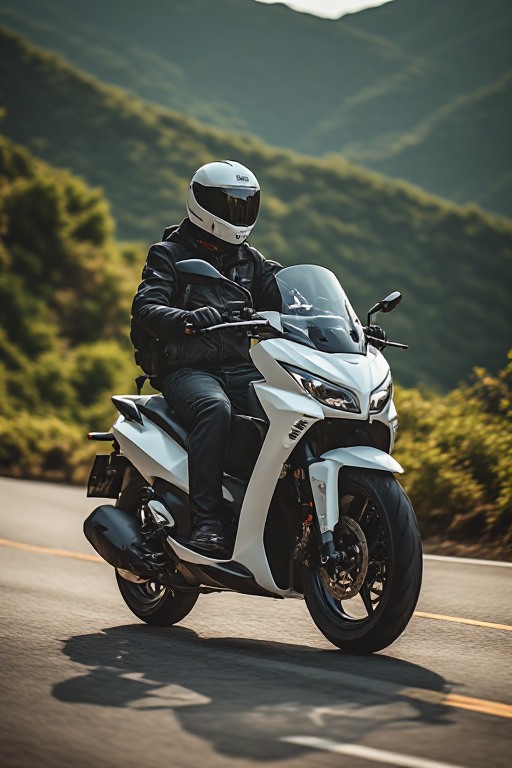 Pengendara motor matic Honda PCX 160 sedang melewati jalanan menurun yang aman dengan postur berkendara yang benar.